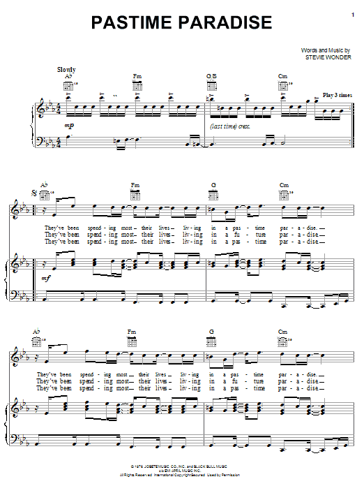 Stevie Wonder Pastime Paradise sheet music notes and chords arranged for Piano, Vocal & Guitar Chords