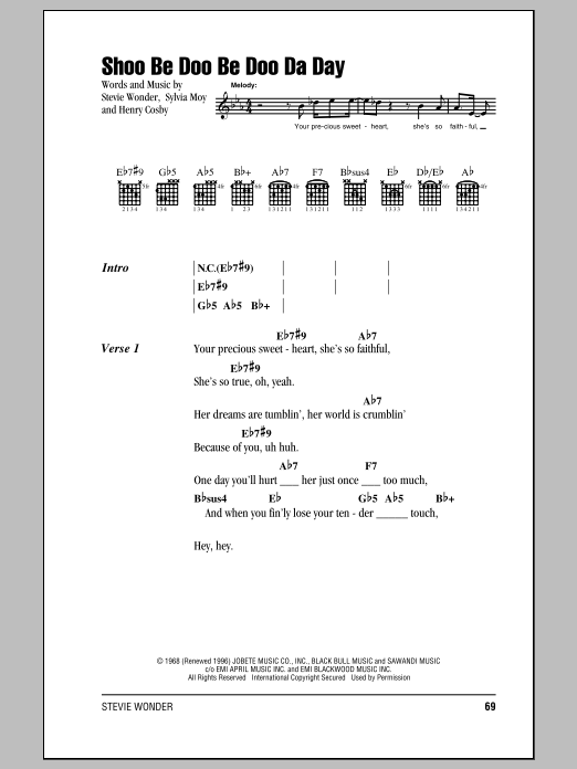 Stevie Wonder Shoo Be Doo Be Doo Da Day sheet music notes and chords arranged for Piano, Vocal & Guitar Chords (Right-Hand Melody)