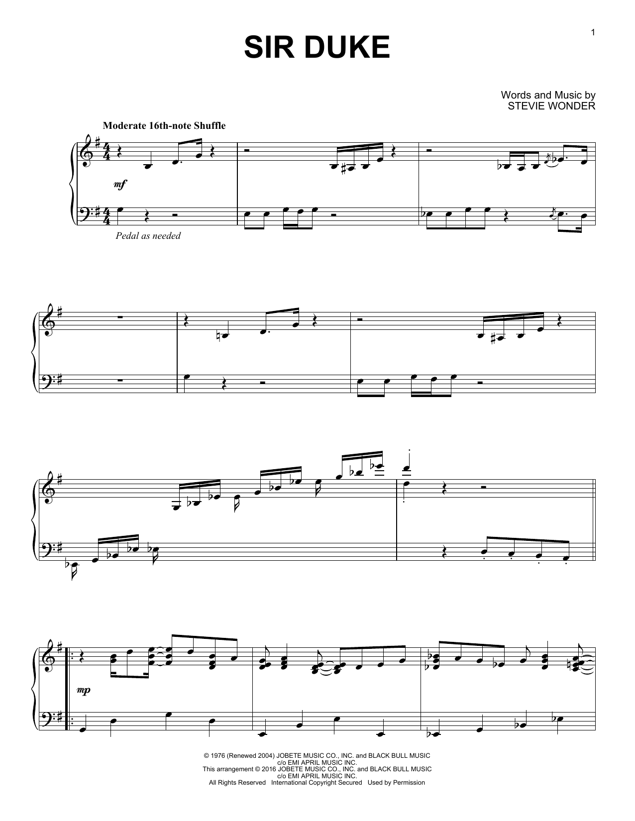 Stevie Wonder Sir Duke [Jazz version] sheet music notes and chords arranged for Piano Solo