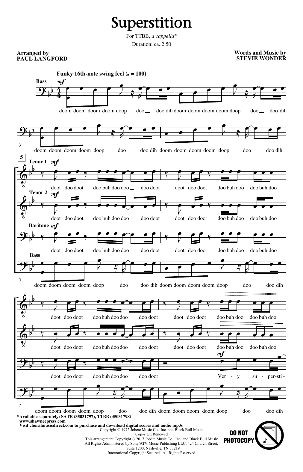 Stevie Wonder Superstition (arr. Paul Langford) sheet music notes and chords arranged for TTBB Choir
