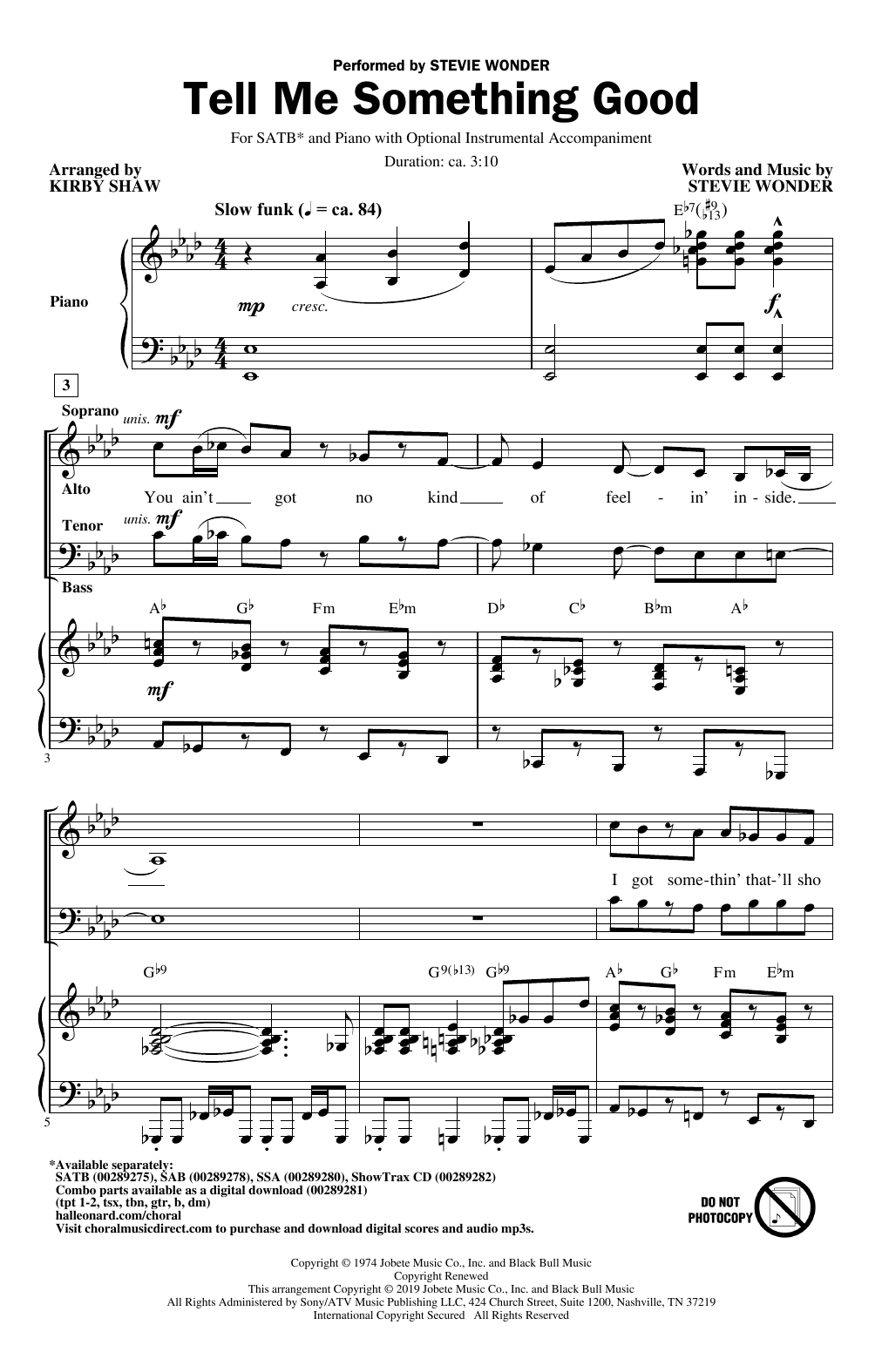 Stevie Wonder Tell Me Something Good (arr. Kirby Shaw) sheet music notes and chords arranged for SSA Choir