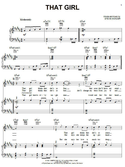 Stevie Wonder That Girl sheet music notes and chords arranged for Piano, Vocal & Guitar Chords