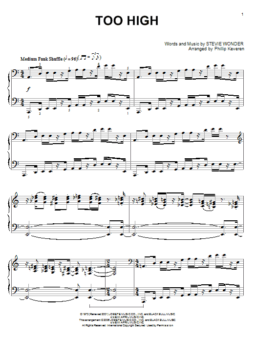 Stevie Wonder Too High (arr. Phillip Keveren) sheet music notes and chords arranged for Piano Solo