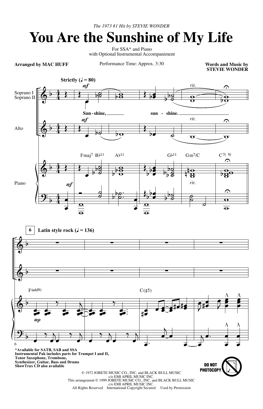 Stevie Wonder You Are The Sunshine Of My Life (arr. Mac Huff) sheet music notes and chords arranged for SSA Choir
