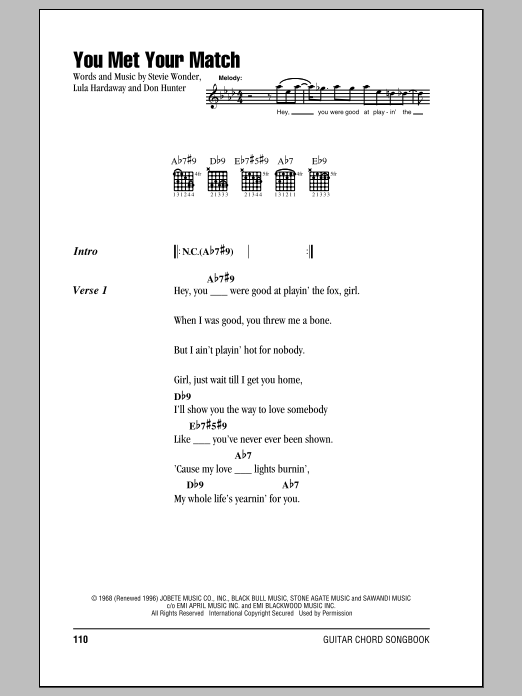 Stevie Wonder You Met Your Match sheet music notes and chords arranged for Guitar Chords/Lyrics