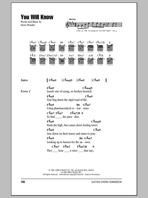 Stevie Wonder You Will Know sheet music notes and chords arranged for Guitar Chords/Lyrics