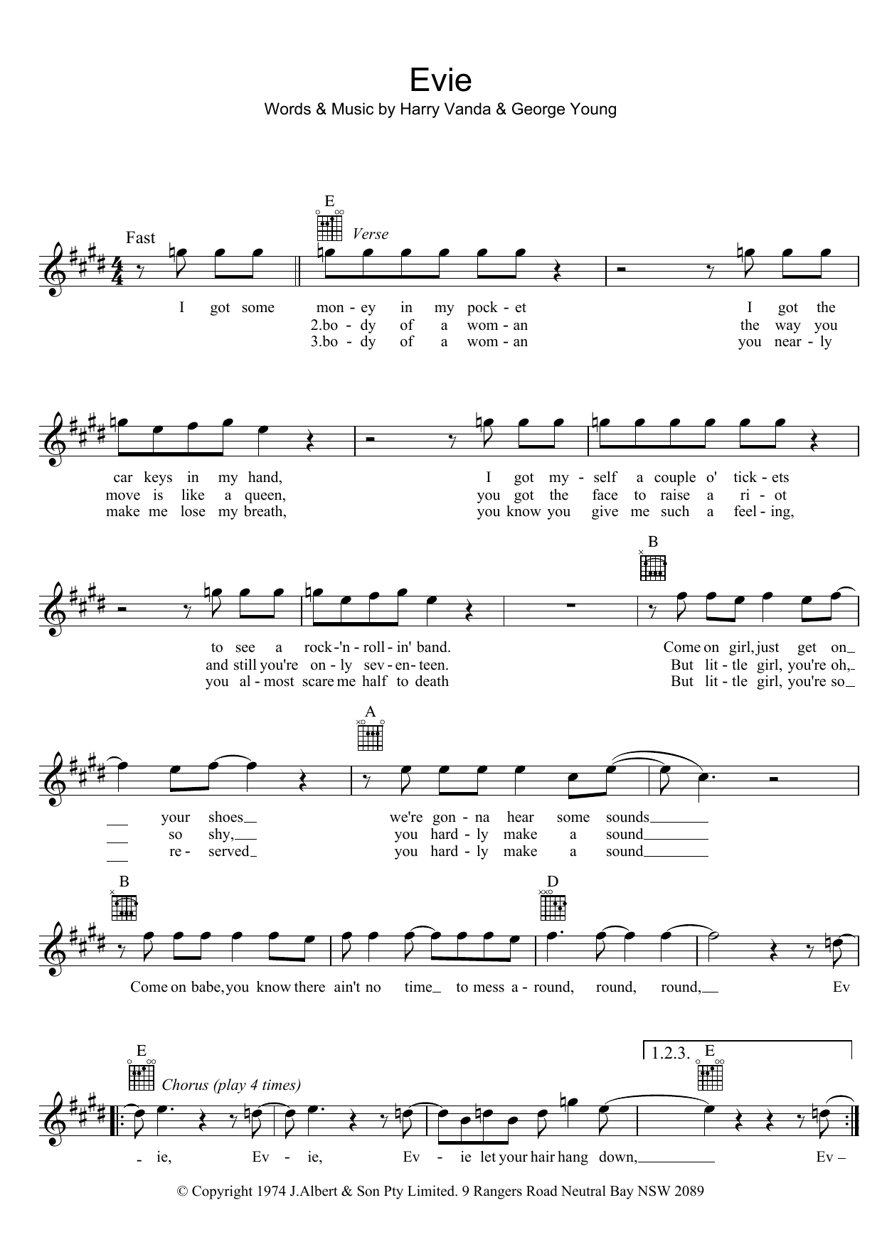 Stevie Wright Evie (Pt. 1, 2 & 3) sheet music notes and chords arranged for Lead Sheet / Fake Book