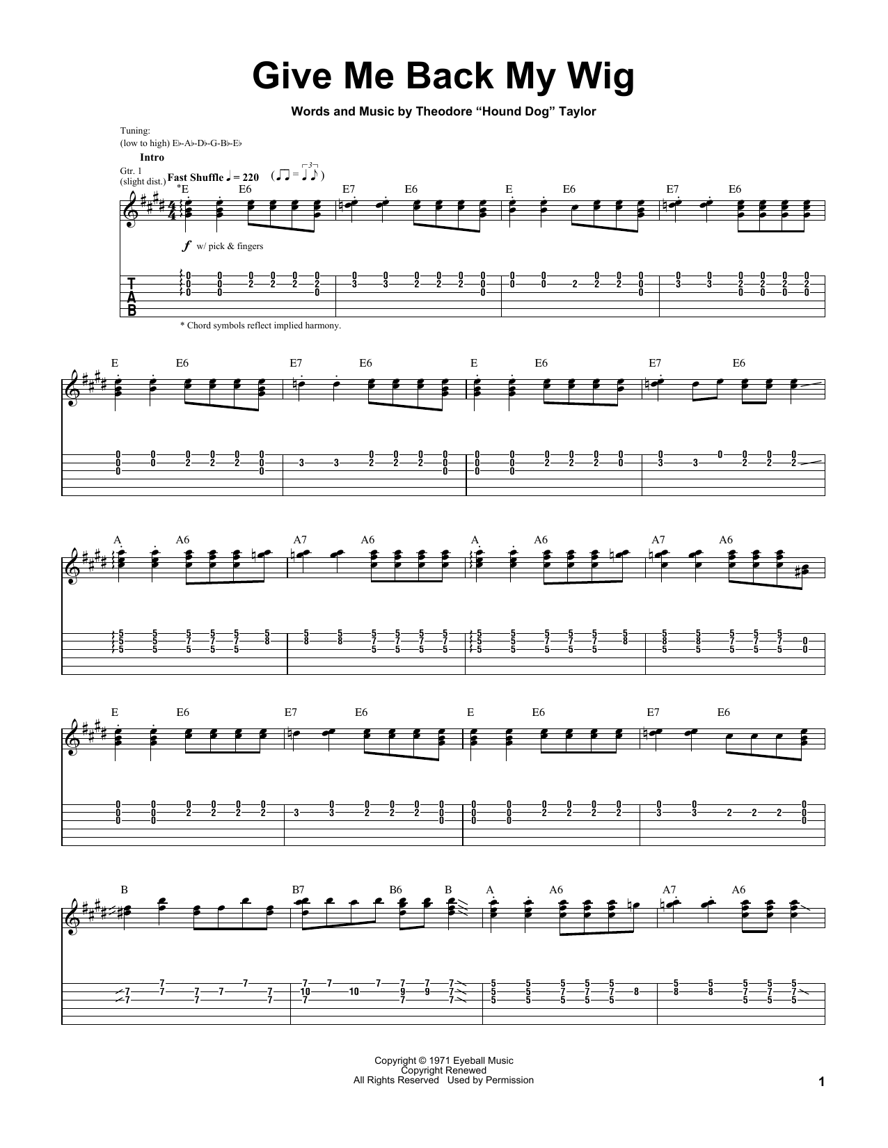 Stevie Ray Vaughan Give Me Back My Wig sheet music notes and chords. Download Printable PDF.