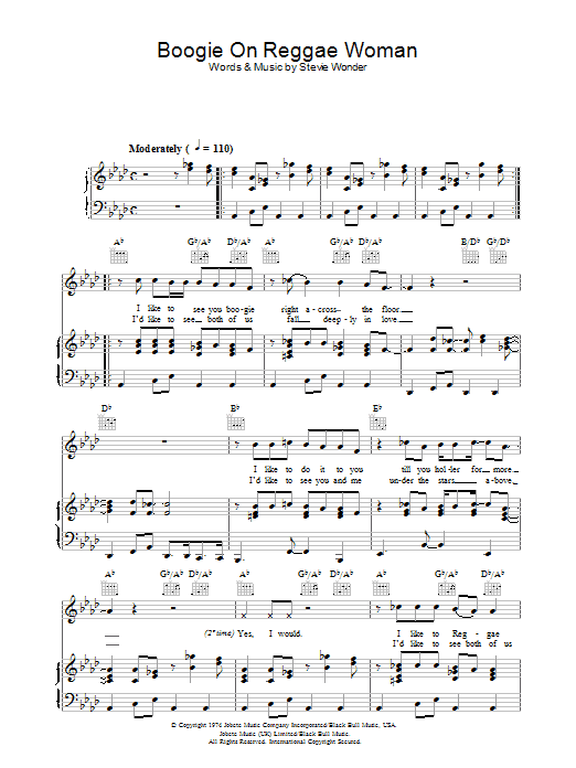Stevie Wonder Boogie On Reggae Woman sheet music notes and chords. Download Printable PDF.