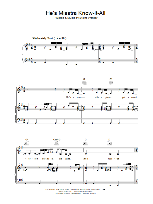 Stevie Wonder He's Misstra Know-It-All sheet music notes and chords. Download Printable PDF.
