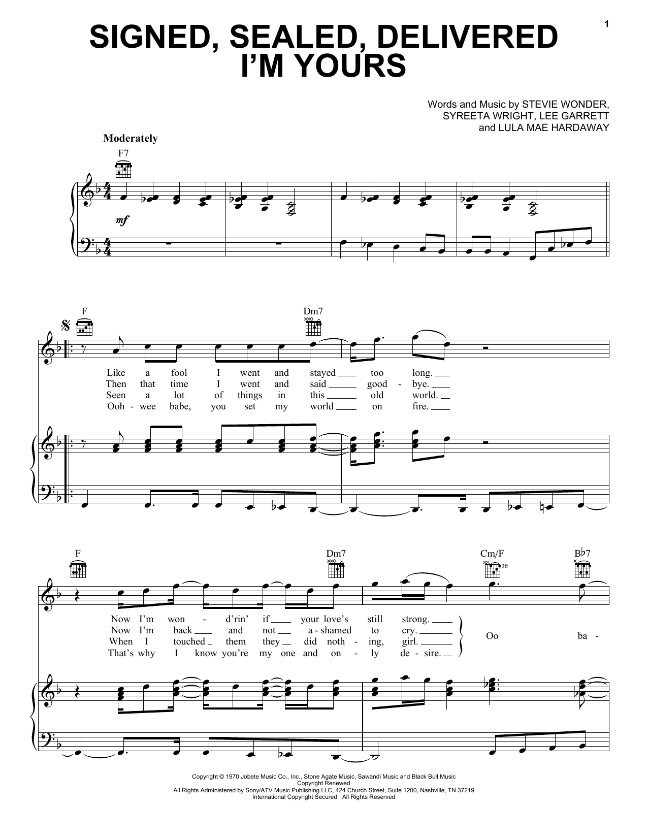 Stevie Wonder Signed, Sealed, Delivered I'm Yours sheet music notes and chords. Download Printable PDF.