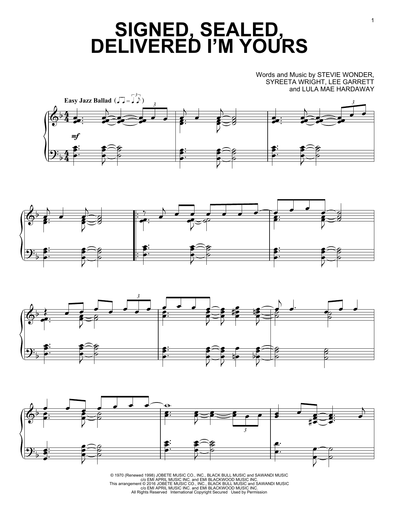 Stevie Wonder Signed, Sealed, Delivered I'm Yours [Jazz version] sheet music notes and chords arranged for Piano Solo