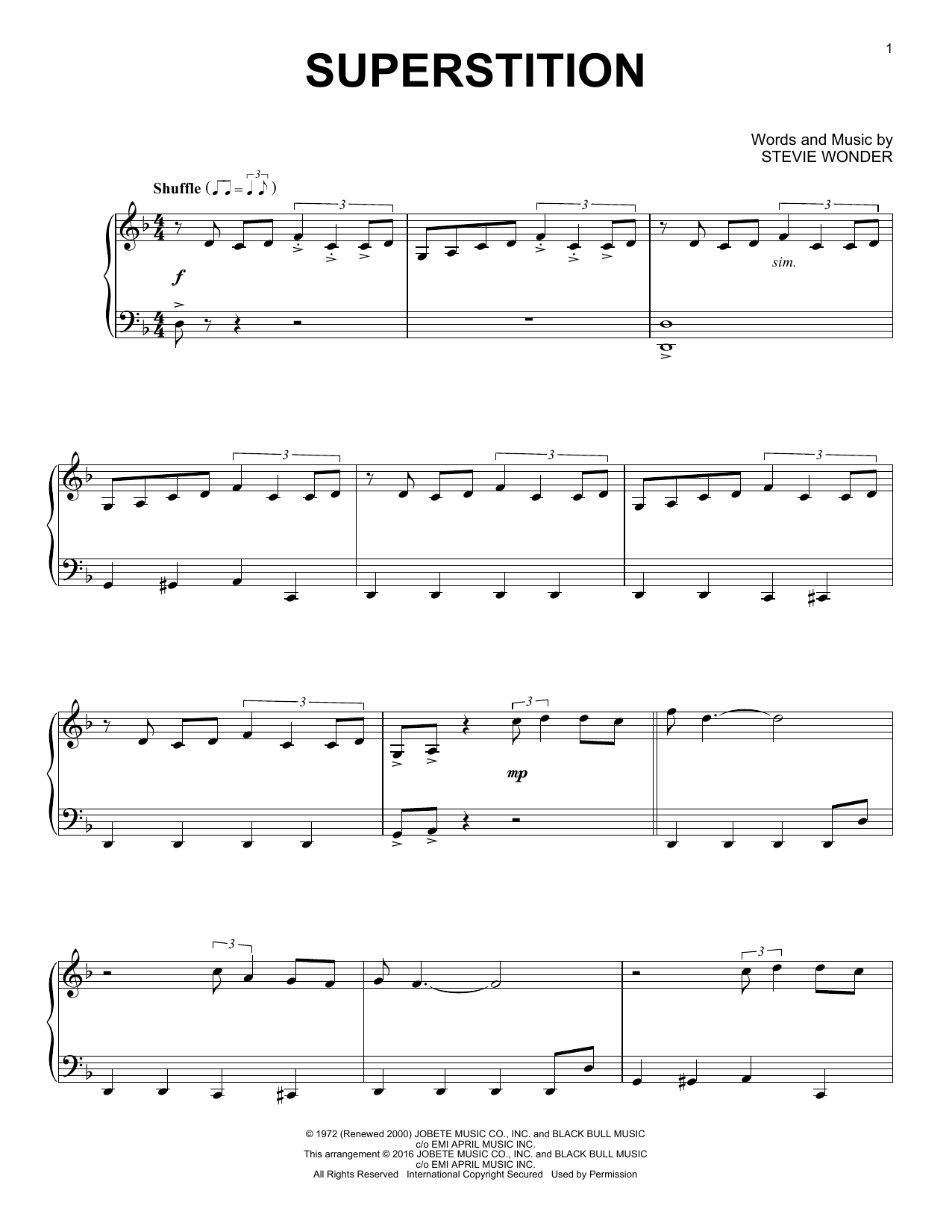 Stevie Wonder Superstition [Jazz version] sheet music notes and chords arranged for Piano Solo