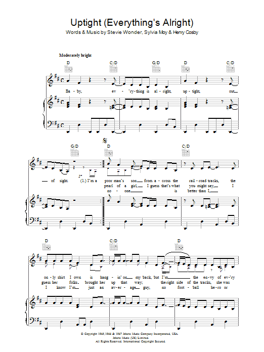 Stevie Wonder Uptight (Everything's Alright) sheet music notes and chords. Download Printable PDF.