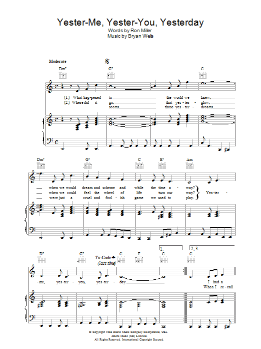 Stevie Wonder Yester-me, Yester-you, Yesterday sheet music notes and chords. Download Printable PDF.