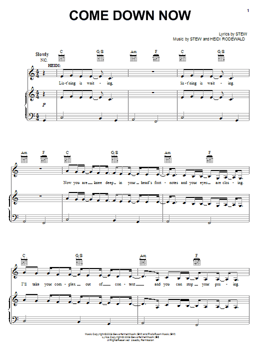 Stew Come Down Now sheet music notes and chords arranged for Piano, Vocal & Guitar Chords (Right-Hand Melody)