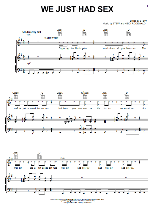 Stew We Just Had Sex sheet music notes and chords arranged for Piano, Vocal & Guitar Chords (Right-Hand Melody)