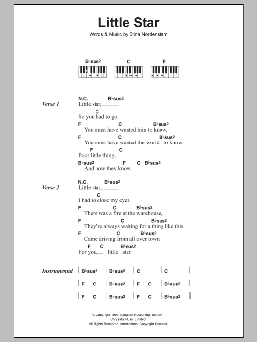 Stina Nordenstam Little Star sheet music notes and chords arranged for Piano Chords/Lyrics