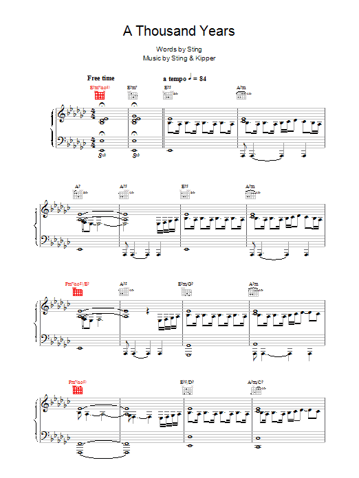 Sting A Thousand Years sheet music notes and chords arranged for Piano, Vocal & Guitar Chords