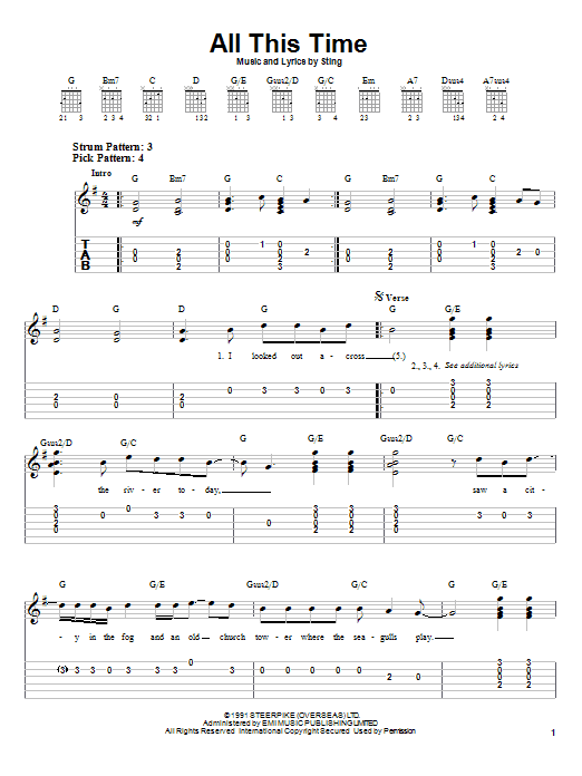 Sting All This Time sheet music notes and chords arranged for Guitar Chords/Lyrics