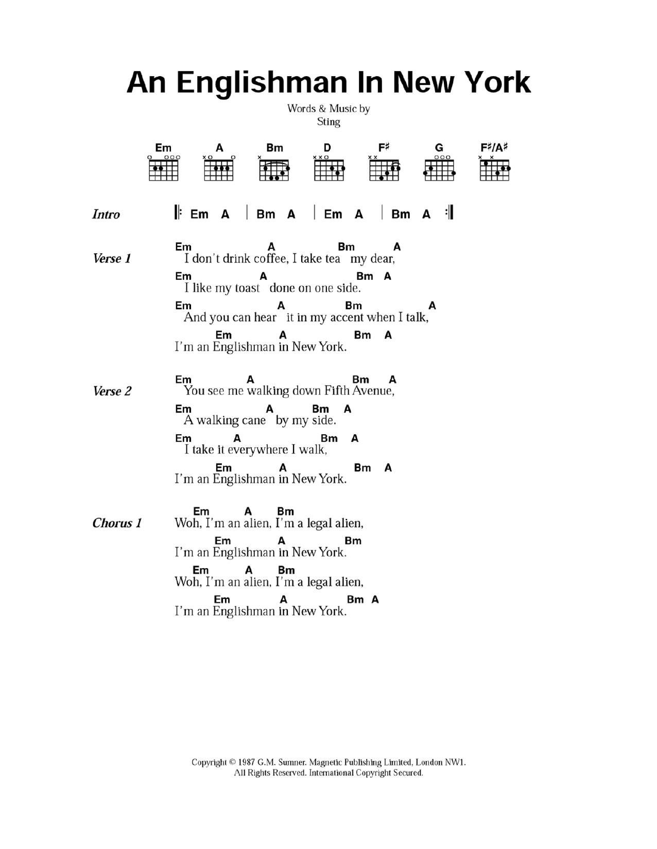 Sting An Englishman In New York sheet music notes and chords arranged for Guitar Chords/Lyrics