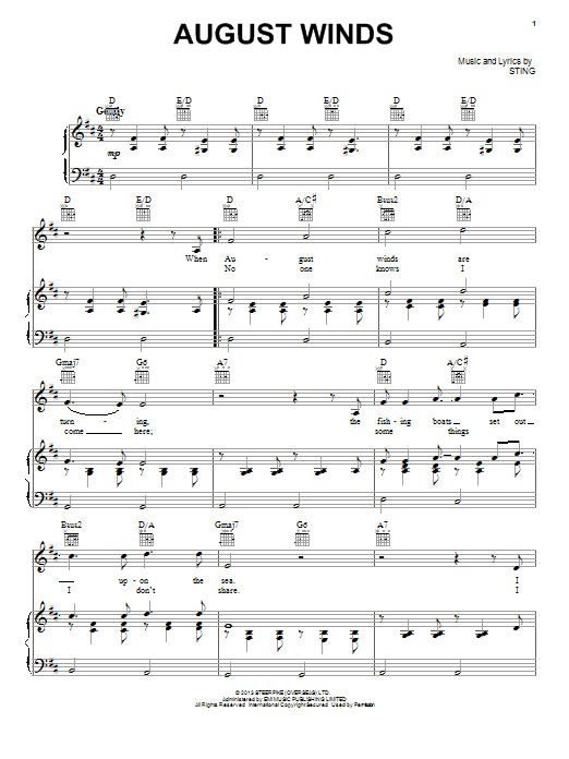Sting August Winds sheet music notes and chords arranged for Piano, Vocal & Guitar Chords (Right-Hand Melody)