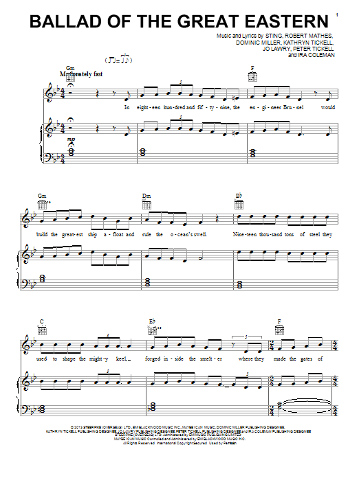 Sting Ballad Of The Great Eastern sheet music notes and chords arranged for Piano, Vocal & Guitar Chords (Right-Hand Melody)