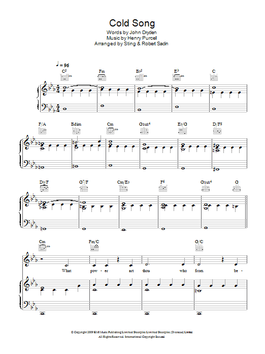 Sting Cold Song sheet music notes and chords arranged for Piano, Vocal & Guitar Chords