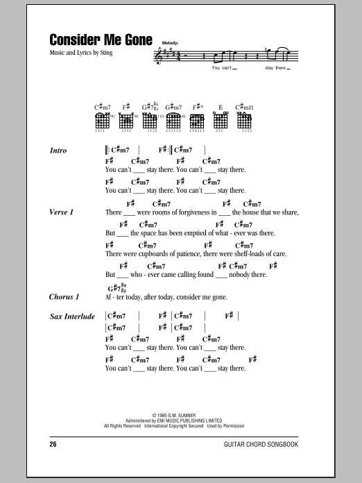 Sting Consider Me Gone sheet music notes and chords arranged for Guitar Chords/Lyrics