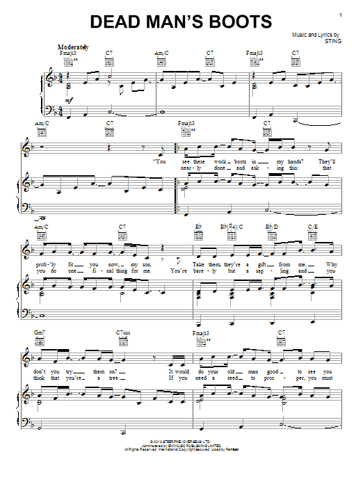 Sting Dead Man's Boots sheet music notes and chords arranged for Piano, Vocal & Guitar Chords (Right-Hand Melody)
