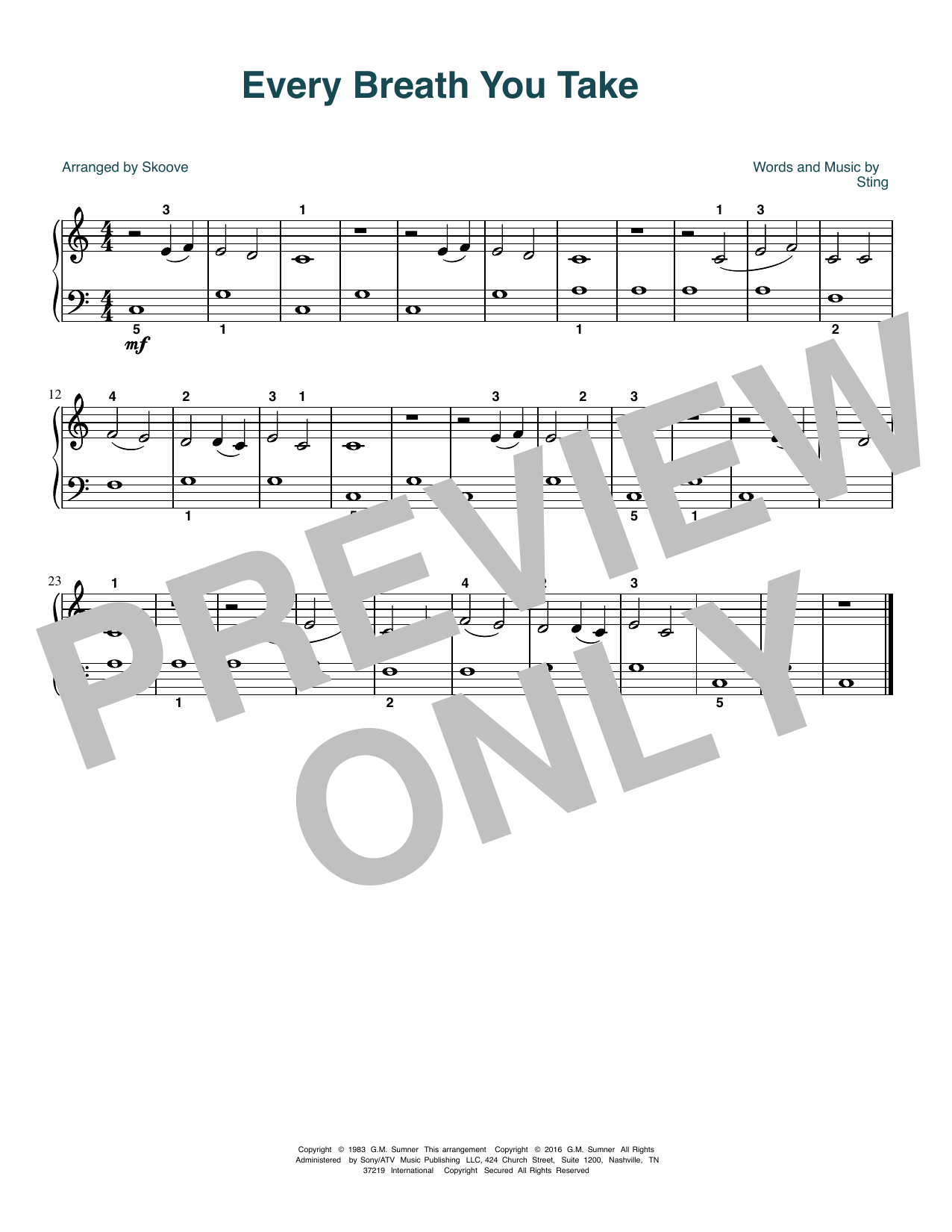 Sting Every Breath You Take (arr. Skoove) sheet music notes and chords arranged for Beginner Piano (Abridged)