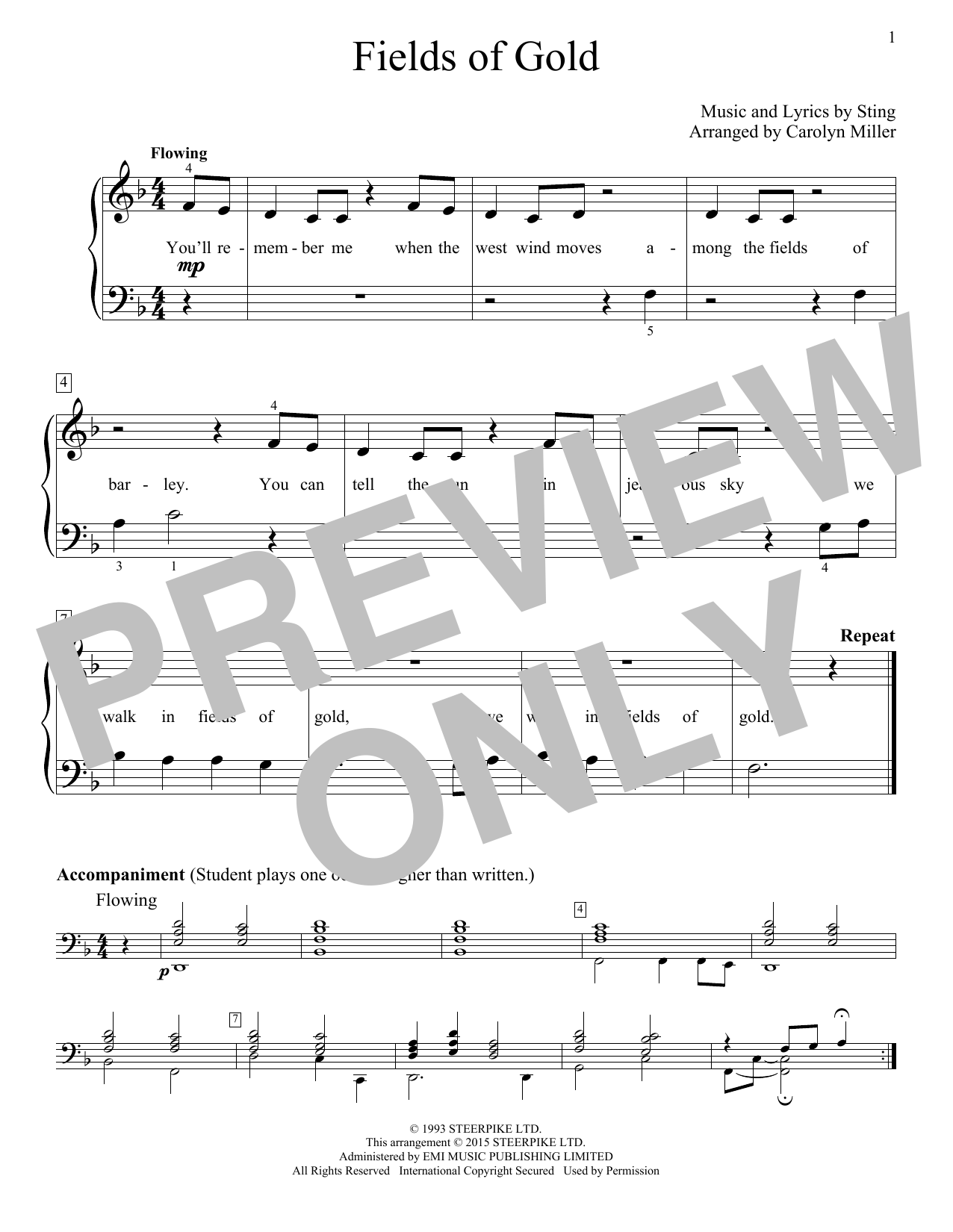 Sting Fields Of Gold (arr. Carolyn Miller) sheet music notes and chords arranged for Educational Piano