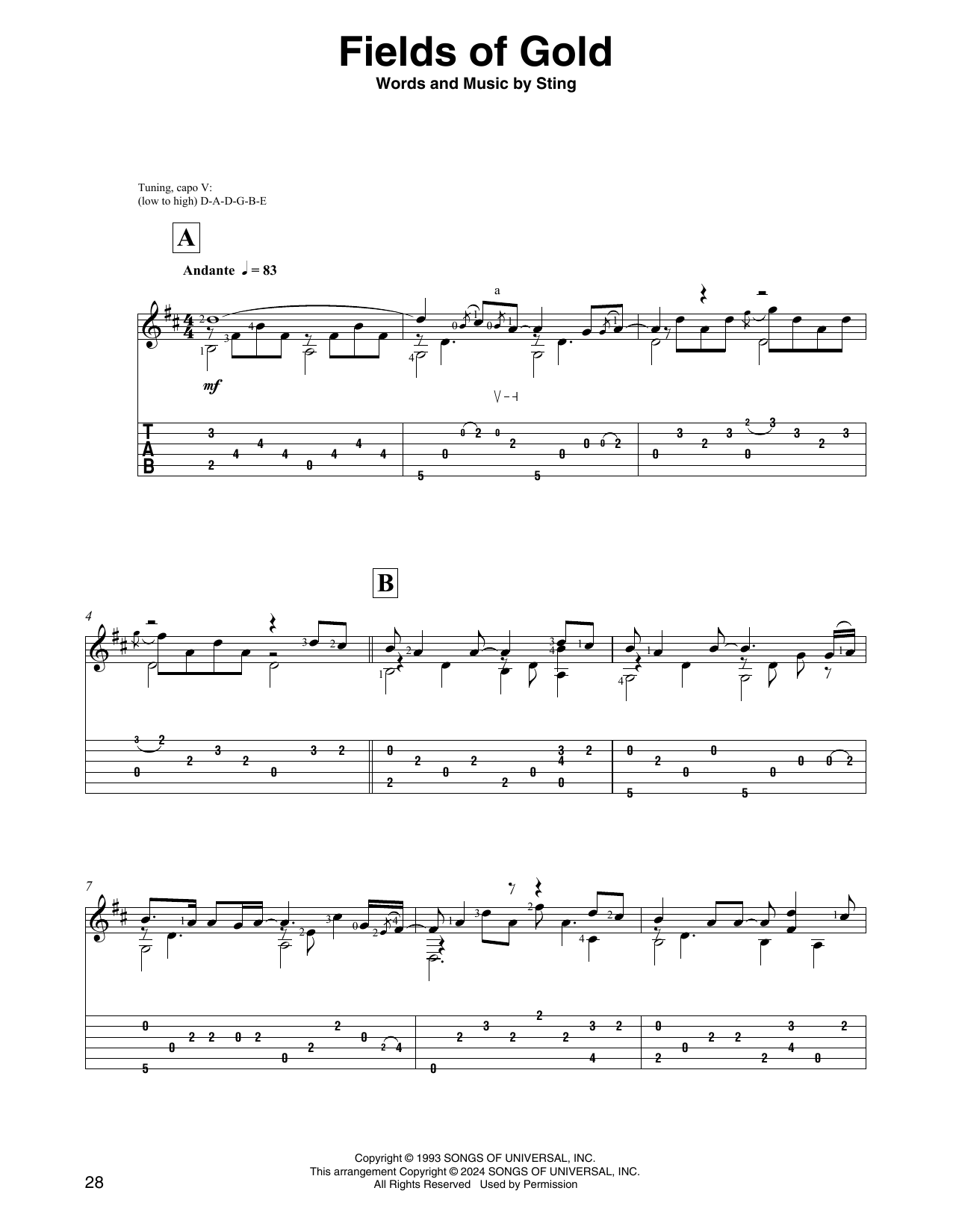 Sting Fields Of Gold (arr. David Jaggs) sheet music notes and chords arranged for Solo Guitar