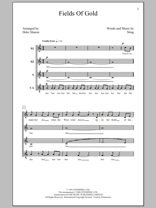 Sting Fields Of Gold (arr. Deke Sharon) sheet music notes and chords arranged for SSA Choir