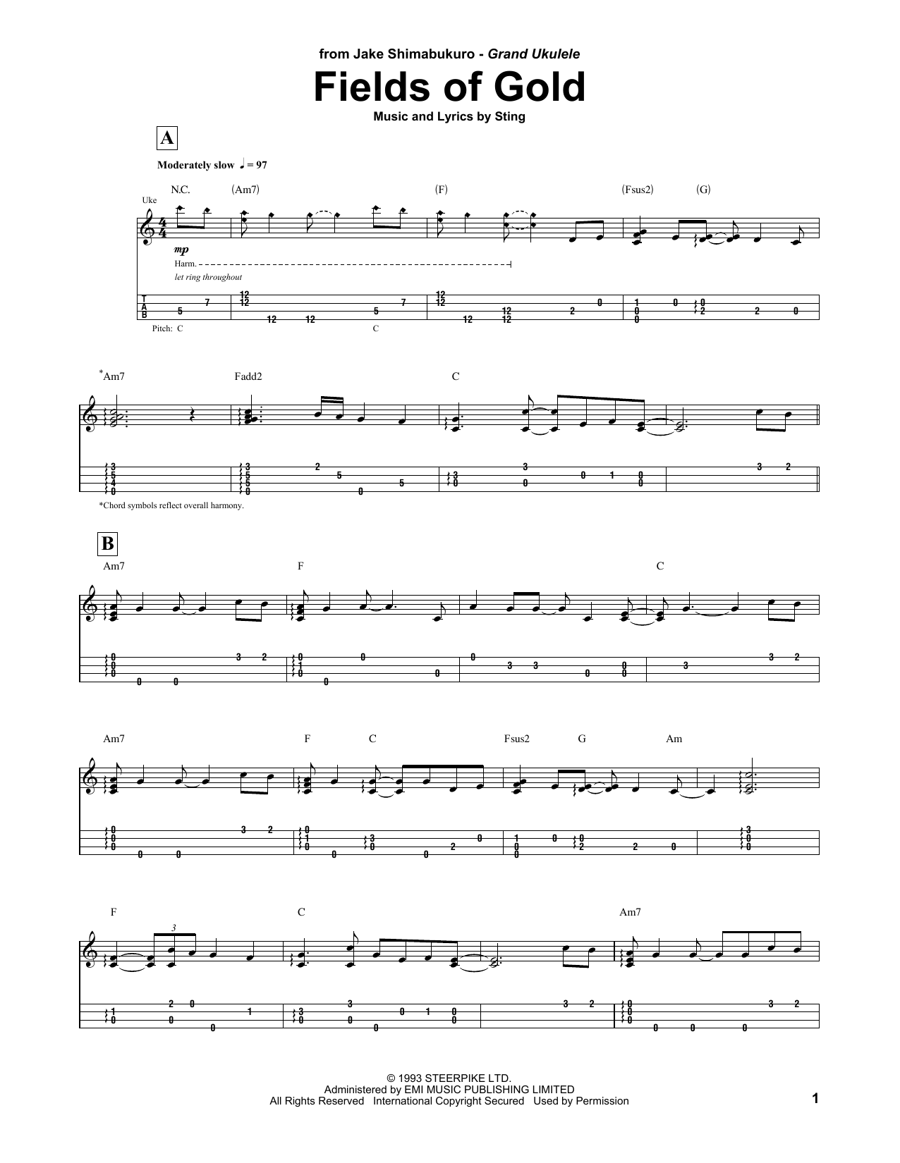 Sting Fields Of Gold (arr. Jake Shimabukuro) sheet music notes and chords arranged for Ukulele Tab