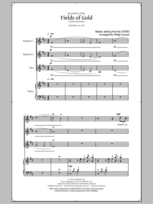 Philip Lawson Fields Of Gold sheet music notes and chords arranged for SAB Choir