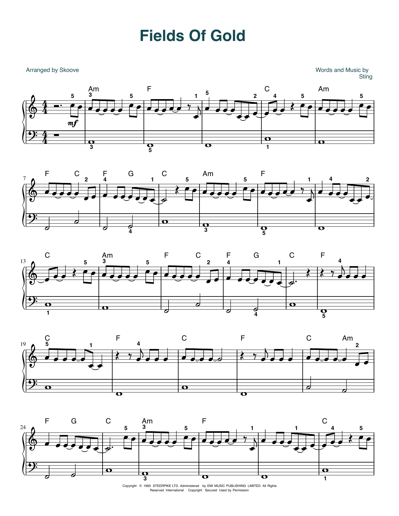 Sting Fields Of Gold (arr. Skoove) sheet music notes and chords arranged for Easy Piano