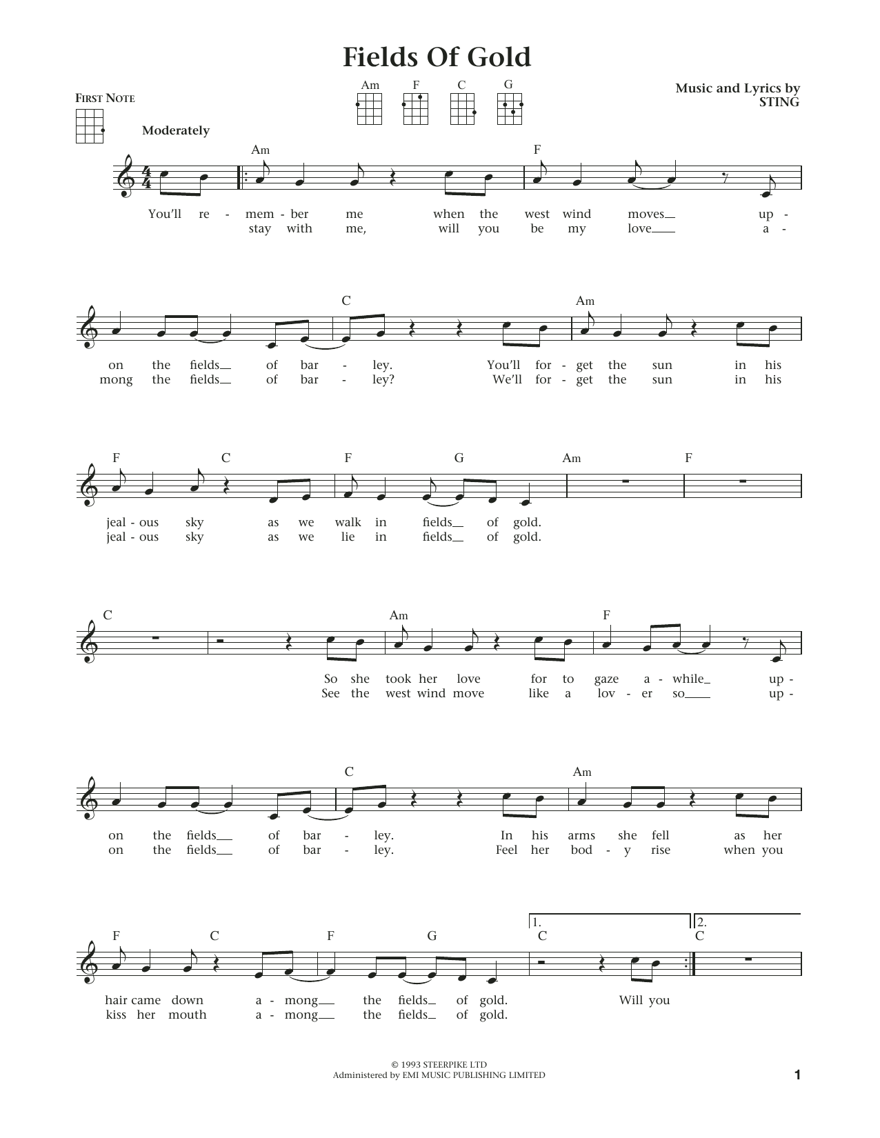 Sting Fields Of Gold (from The Daily Ukulele) (arr. Liz and Jim Beloff) sheet music notes and chords arranged for Ukulele