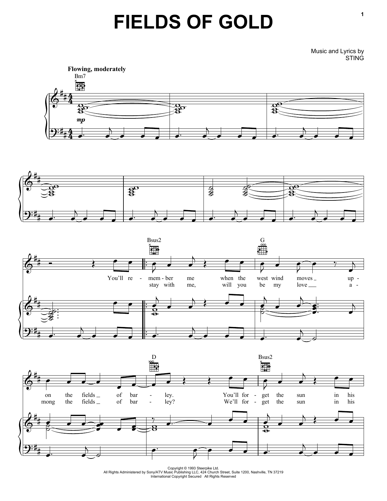 Sting Fields Of Gold sheet music notes and chords arranged for Piano Solo