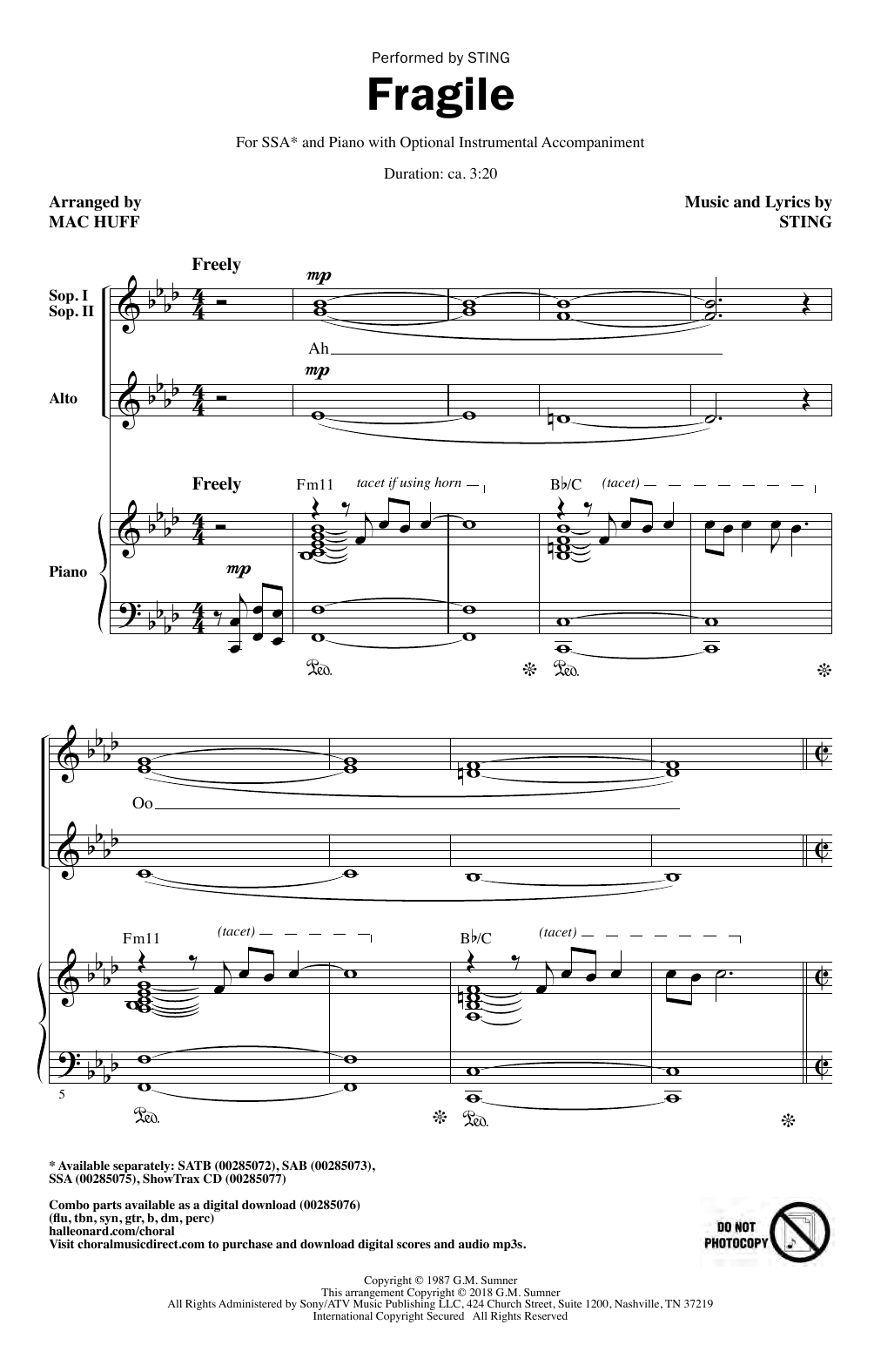 Sting Fragile (arr. Mac Huff) sheet music notes and chords arranged for SAB Choir