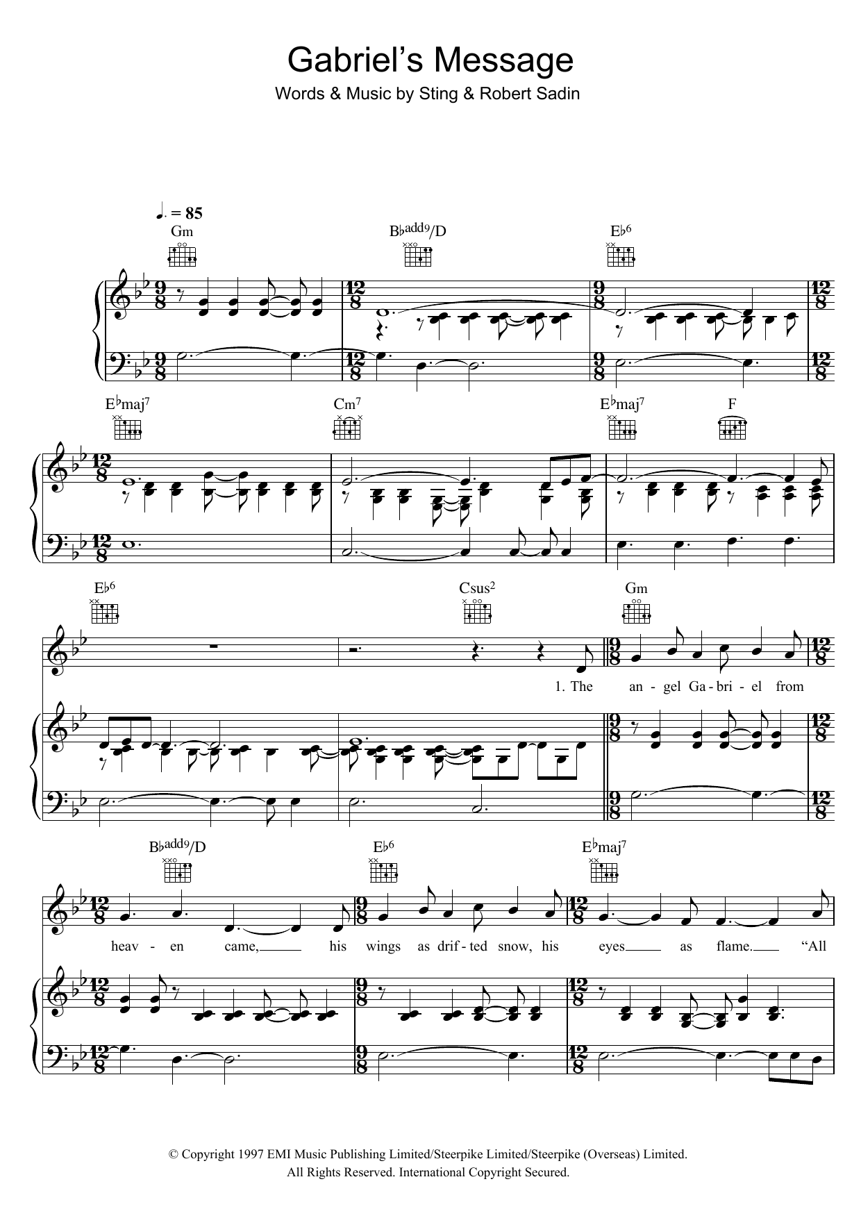 Sting Gabriel's Message sheet music notes and chords arranged for Piano, Vocal & Guitar Chords
