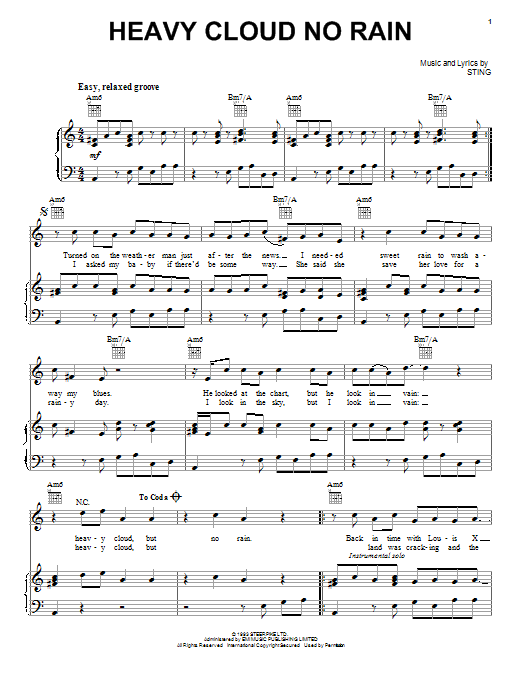 Sting Heavy Cloud No Rain sheet music notes and chords arranged for Piano, Vocal & Guitar Chords (Right-Hand Melody)