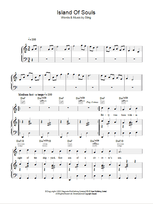 Sting Island Of Souls sheet music notes and chords arranged for Piano, Vocal & Guitar Chords