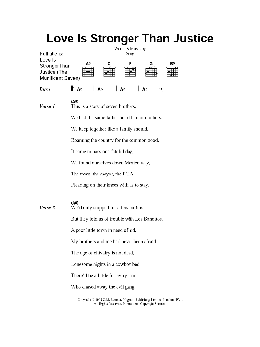 Sting Love Is Stronger Than Justice (The Munificent Seven) sheet music notes and chords arranged for Guitar Chords/Lyrics