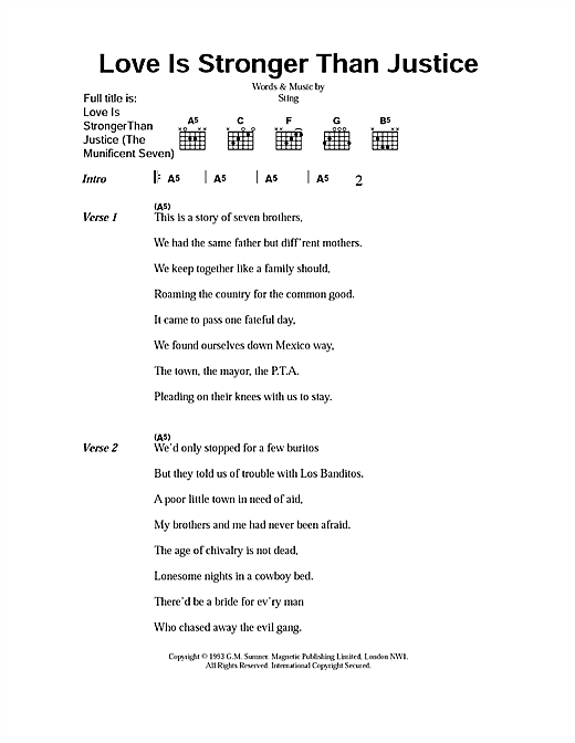 Sting Love Is Stronger Than Justice (The Munificent Seven) sheet music notes and chords arranged for Guitar Chords/Lyrics
