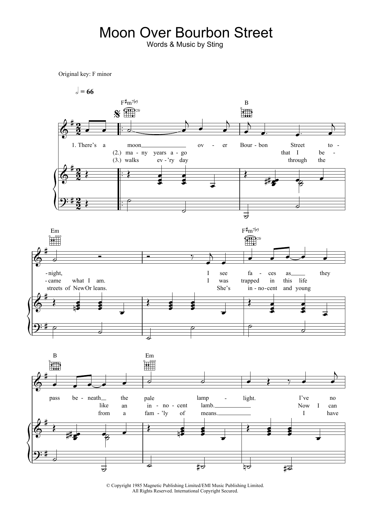 Sting Moon Over Bourbon Street sheet music notes and chords arranged for Piano, Vocal & Guitar Chords (Right-Hand Melody)