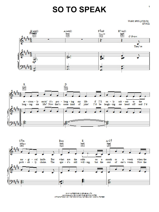 Sting So To Speak sheet music notes and chords arranged for Piano, Vocal & Guitar Chords (Right-Hand Melody)