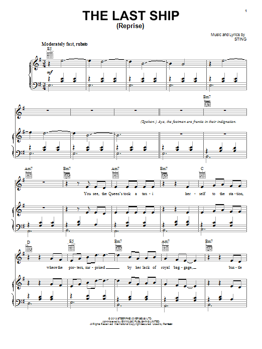Sting The Last Ship (Reprise) sheet music notes and chords arranged for Piano, Vocal & Guitar Chords (Right-Hand Melody)