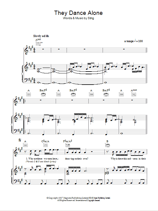 Sting They Dance Alone (Gueca Solo) sheet music notes and chords arranged for Piano, Vocal & Guitar Chords