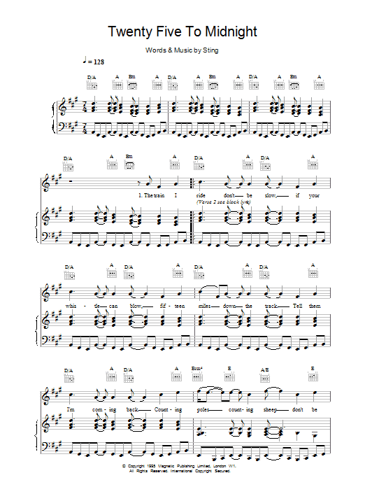 Sting Twenty Five To Midnight sheet music notes and chords arranged for Piano, Vocal & Guitar Chords